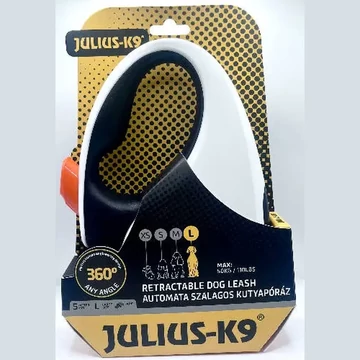 Julius-K9 Retractable Dog Leash - automata szalagos póráz (fekete-fehér-narancs) kutyák részére (L) 5 méter