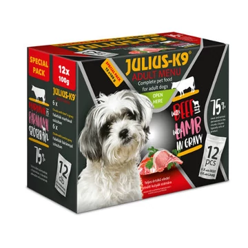 Julius - K9 Adult Menu Beef &amp; Lamb - nedves eledel (marha,bárány) válogatás szószban kutyák részére (12x100g)