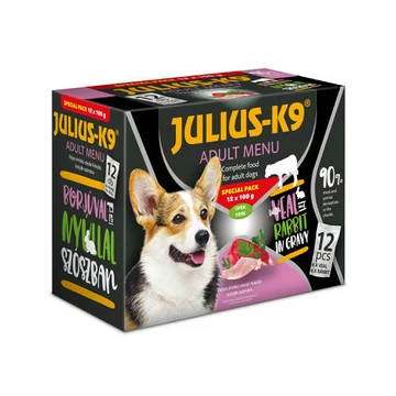 Julius - K9 Adult Menu Veal &amp; Rabbit - nedves eledel (borjú,nyúl) válogatás szószban kutyák részére (12x100g)