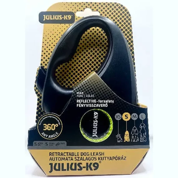 Julius-K9 Retractable Dog Leash - automata szalagos póráz (neon sárga) kutyák részére (S) 5 méter
