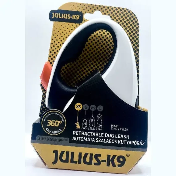 Julius-K9 Retractable Dog Leash - automata szalagos póráz (fekete-fehér-narancs) kutyák részére (XS) 3 méter