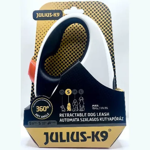 Julius-K9 Retractable Dog Leash - automata szalagos póráz (fekete-fehér-narancs) kutyák részére (S) 5 méter