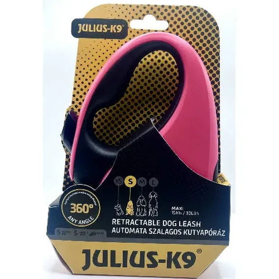 Julius-K9 Retractable Dog Leash - automata szalagos póráz (pink-fekete) kutyák részére (S) 5 méter