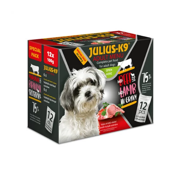 Julius - K9 Adult Menu Beef & Lamb - nedves eledel (marha,bárány) válogatás szószban kutyák részére (12x100g)