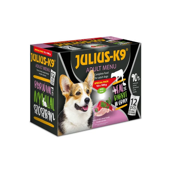 Julius - K9 Adult Menu Veal & Rabbit - nedves eledel (borjú,nyúl) válogatás szószban kutyák részére (12x100g)