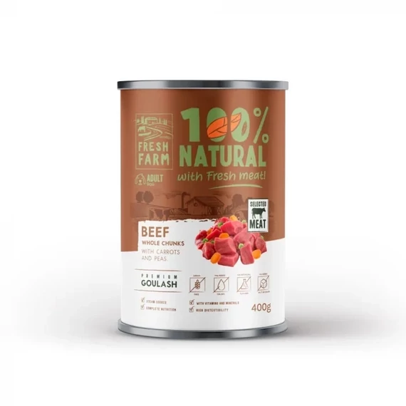 Fresh Farm Gulyás marhahússal, sárgarépával és borsóval 400 gr, nedves táp (konzerv) marha ízű felnőtt kutyáknak
